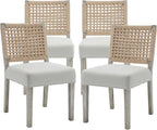 chairus upholstered Dining Chairs Set of 4, Boho Coastal Dining Room Chairs with Natural Woven Rope Back White Gray Washed Wood Leg Modern Farmhouse Wooden Kitchen Side Chairs, Ivory Linen Seat