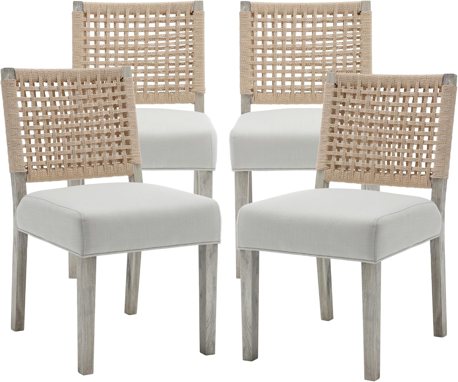 chairus upholstered Dining Chairs Set of 4, Boho Coastal Dining Room Chairs with Natural Woven Rope Back White Gray Washed Wood Leg Modern Farmhouse Wooden Kitchen Side Chairs, Ivory Linen Seat