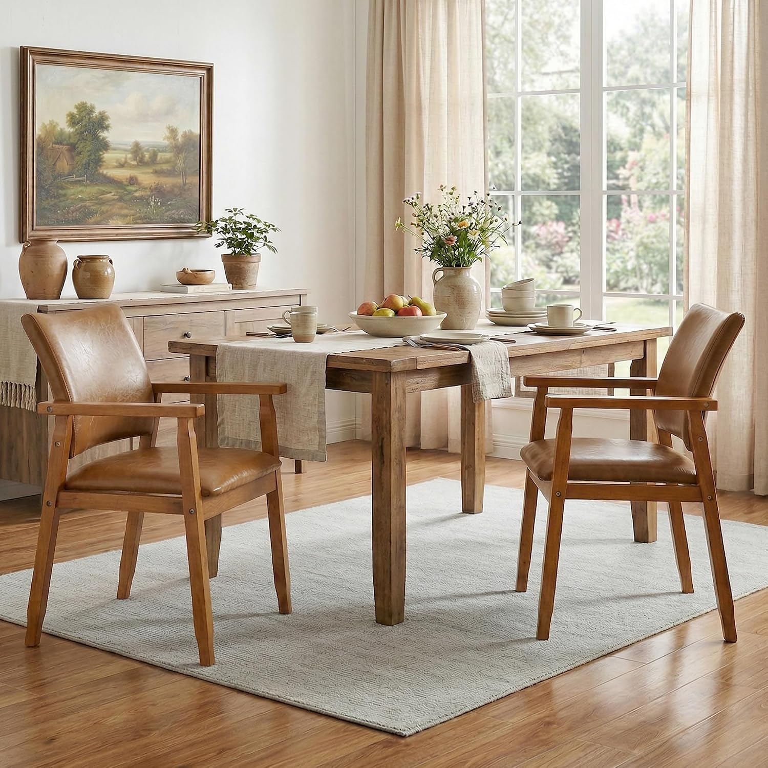 NOBPEINT Mid-Century Modern Dining Chairs with Armrest Set of 2, PU Leather Upholstered Dining Room Chairs with Solid Wood Frame, Walnut Kitchen Armchairs for Kitchen Living Room Restaurant, Brown