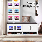 Shoe Bench with Thickened Cushion,Entrance Bench with Glass Door and Ambient Light,Three-Layer Shoe Rack,Color Changing Light Strip, Two Large Storage Spaces,Living Room,Bedroom,White