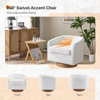 VINGLI 360°Swivel Accent Chair with Engineered Wood Base and Removable Cushion for Living Room, Bedroom, Curved Back Barrel Chair for Small Space, Upholstered Bucket Armchair, Teddy White