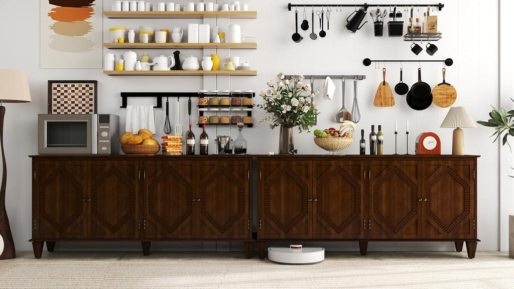 LKTART 65" Mid Century Sideboard Buffet Cabinet with Solid Wood Legs,Accent Storage Cabinet Credenza with 4 Doors for Living Room,Entryway,Kitchen(Walnut)