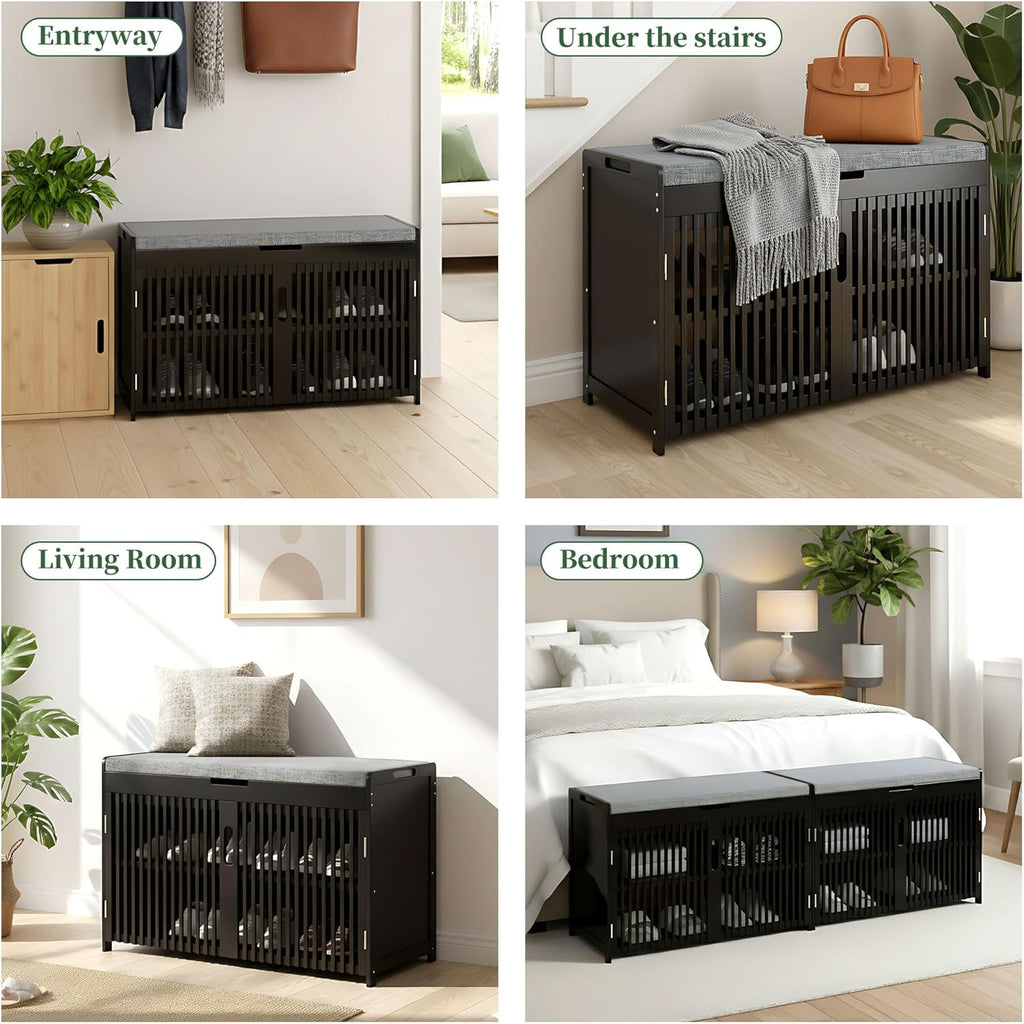 APRTAT Bamboo Shoe Storage Bench with Padded Cushion, 3-Tier Shoe Rack Organizer with 2 Ventilated Grille Doors for Entryway, Bedroom, Bathroom (Black, Large)
