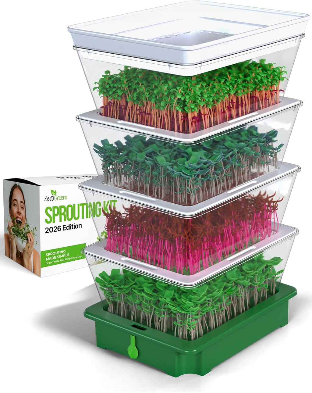 ZESTIGREENS 4-Tier Sprouting Kit with Drain Spout – Stackable Seed Sprouter Trays for Growing Fresh Sprouts at Home – BPA-Free, Easy Rinse & Drain System
