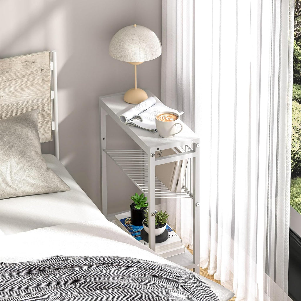 End Table for Small Space, 3-Tier Narrow Side Table with Magazine Holder,Small Nightstand, Skinny Snack Couch Table in Living Room, Bedroom Study and Balcony (White)