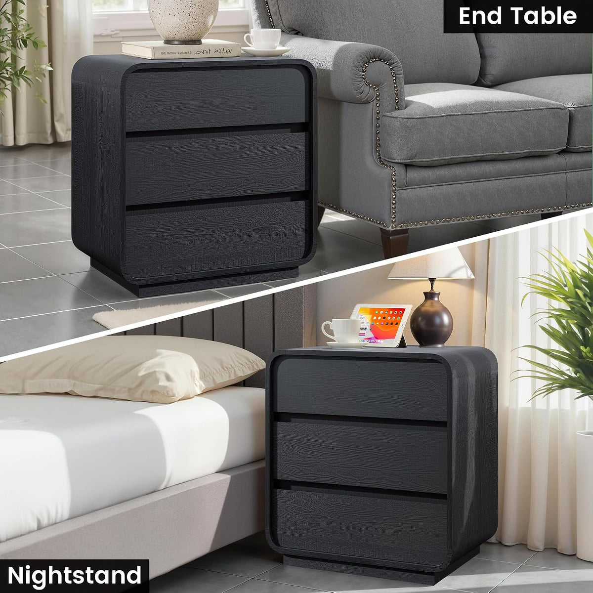 Standifurno Black Curved Night Stand Set of 2 with Charging Station, 25" Tall Wood Bedside Table Nightstand with 3 Storage Drawers, Mid Century Modern End Table for Bedroom, Office