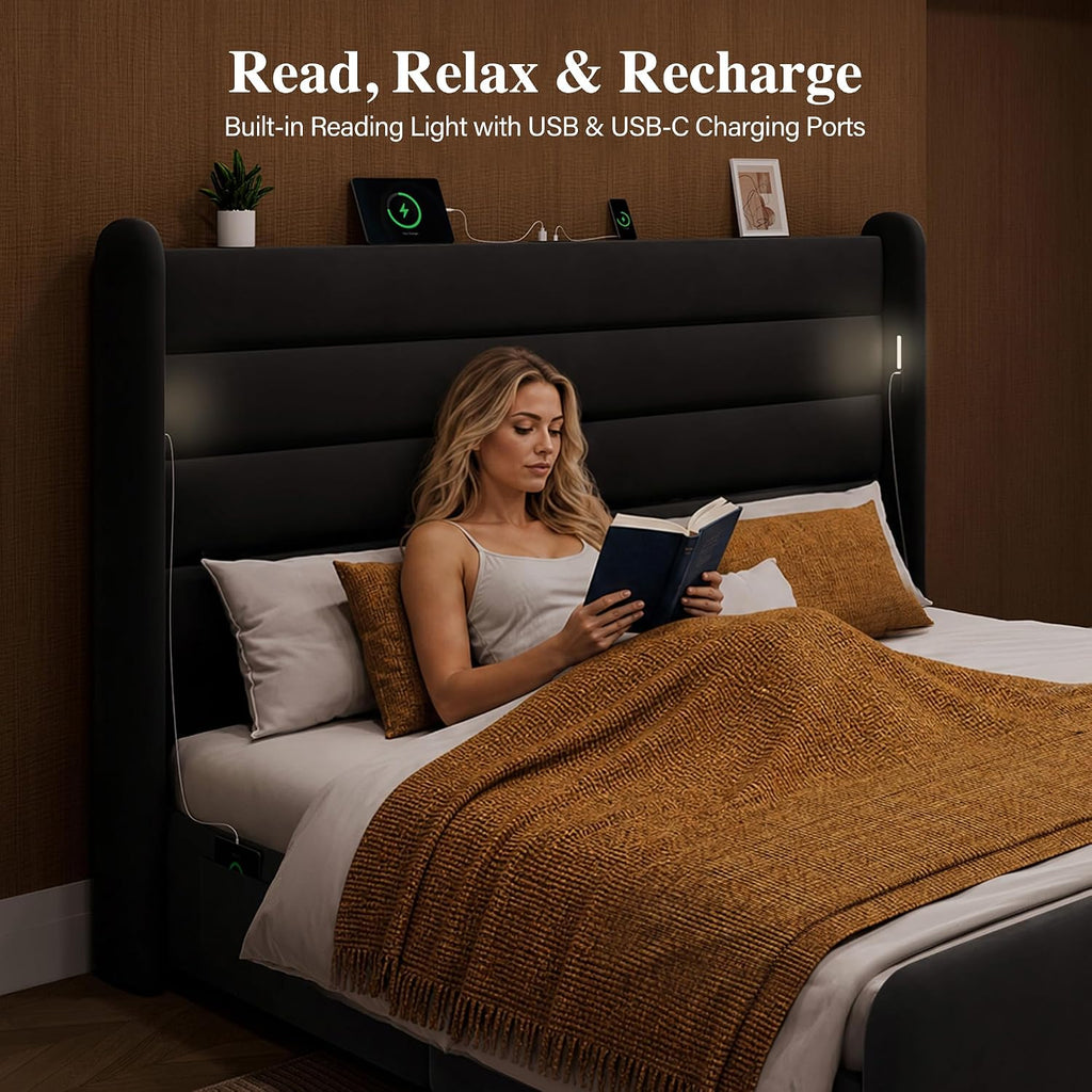Queen Size Bed Frame with 59'' Tall Headboard with Readlight, Black