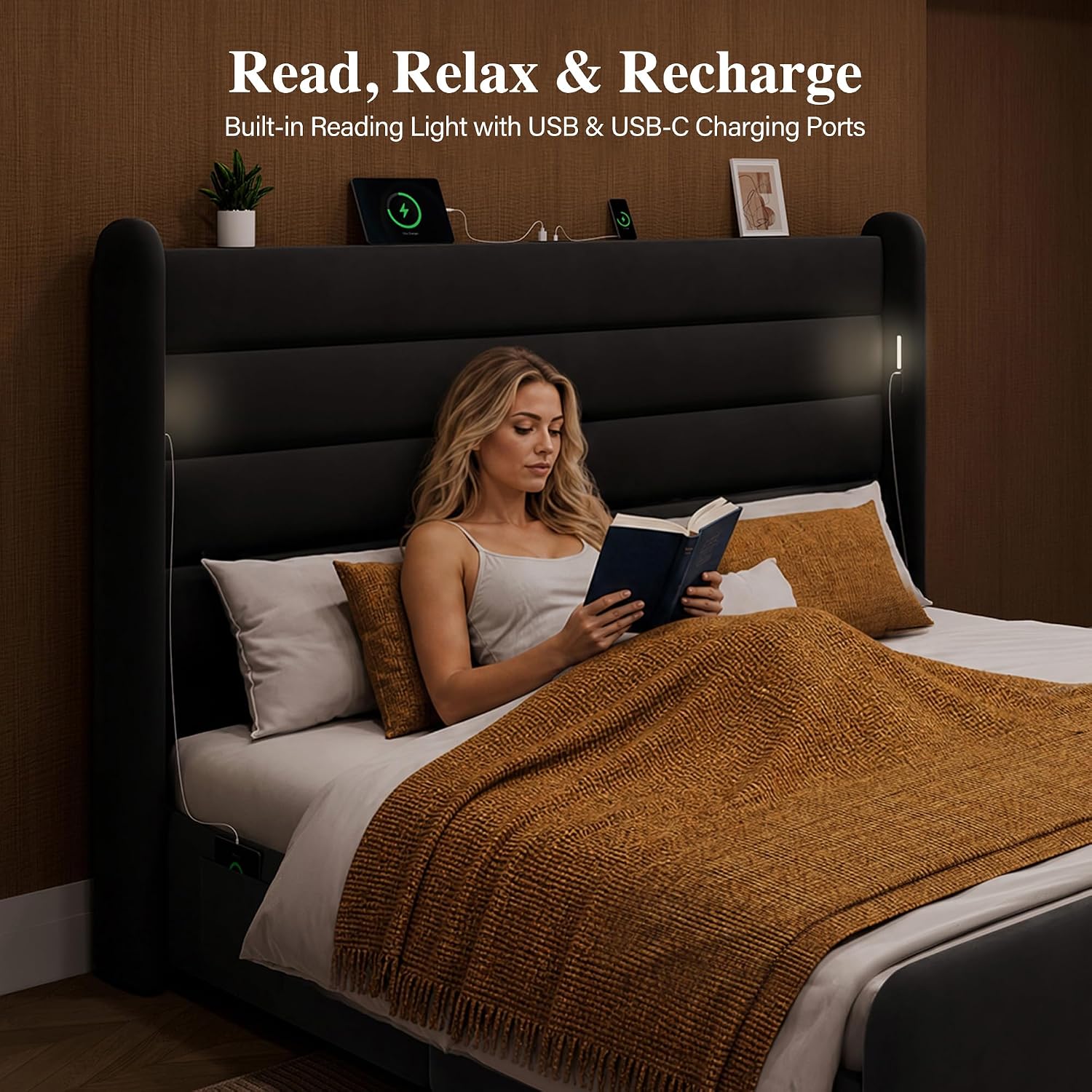 Queen Size Bed Frame with 59'' Tall Headboard with Readlight, Black
