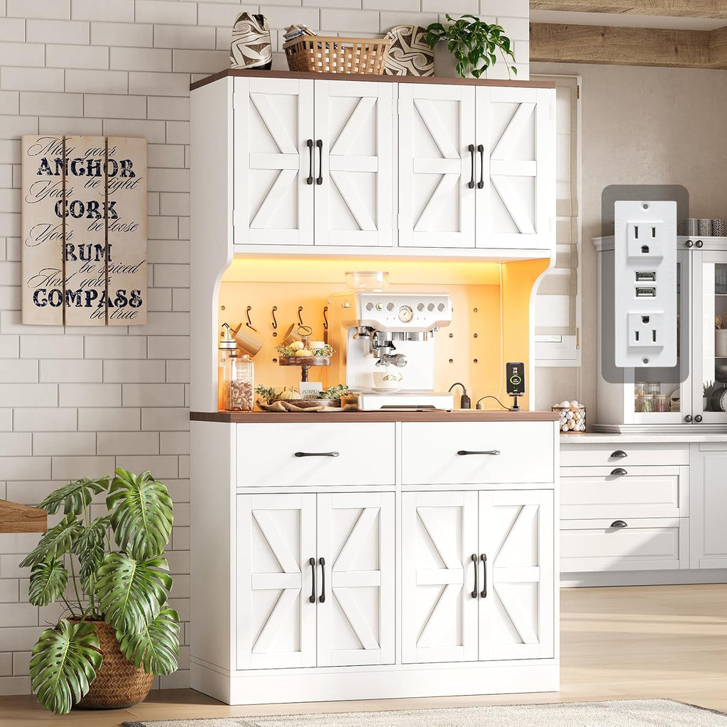 VK·LIVING 71" Kitchen Pantry Cabinet with LED Light & Charging Station, Farmhouse Storage Cabinet with Adjustable Shelves & 2 Drawers, Large Kitchen Pantry with Coffee Bar, White