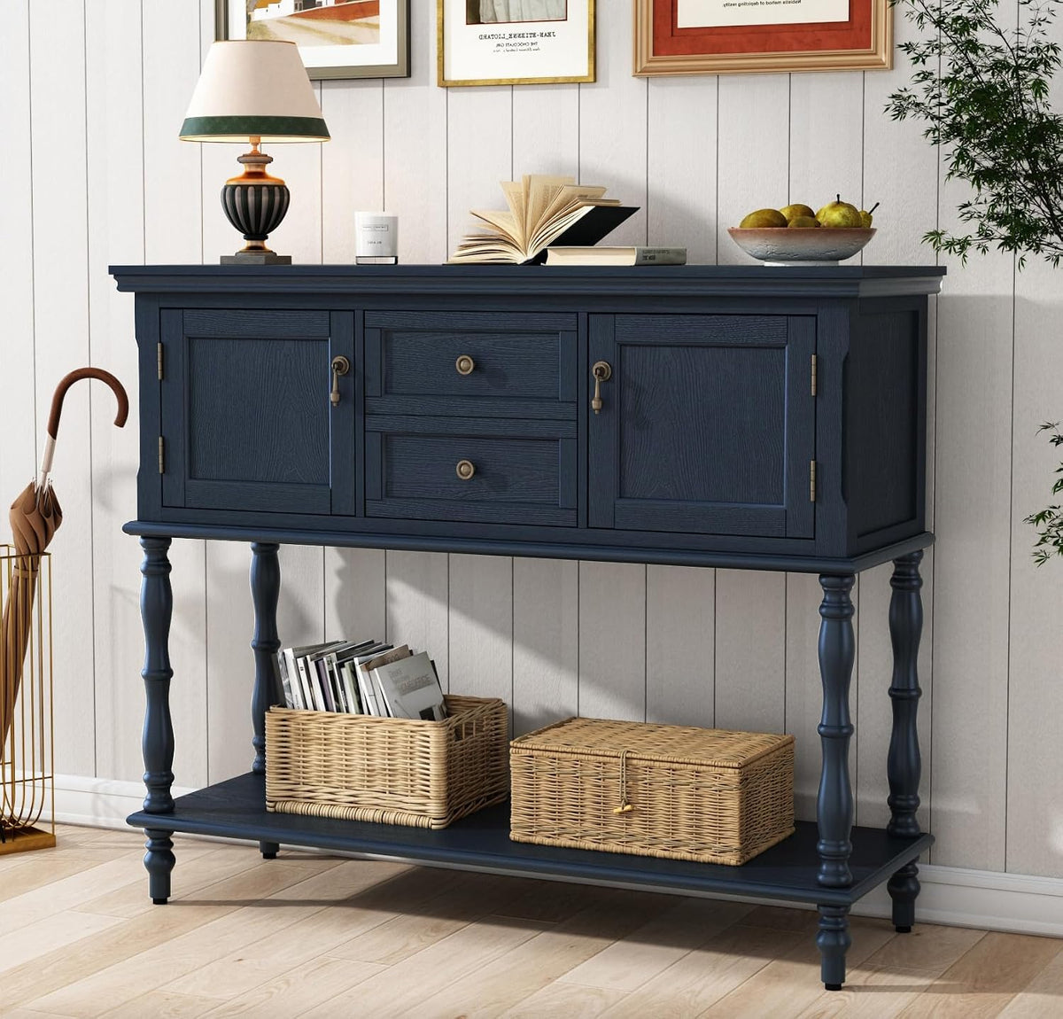 ARTPOWER Console Table with 2 Drawers, Retro Entryway Table with 2 Door | Solid Wood Veneer Entry Table, Behind Couch Sofa Table with Open Storage Shelf for Living Room, Foyer, Hallway