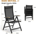 Folding Patio Chairs Set of 2, Aluminum High Back Outdoor Recliners with Teak Armrests, No Assembly Required, Adjustable