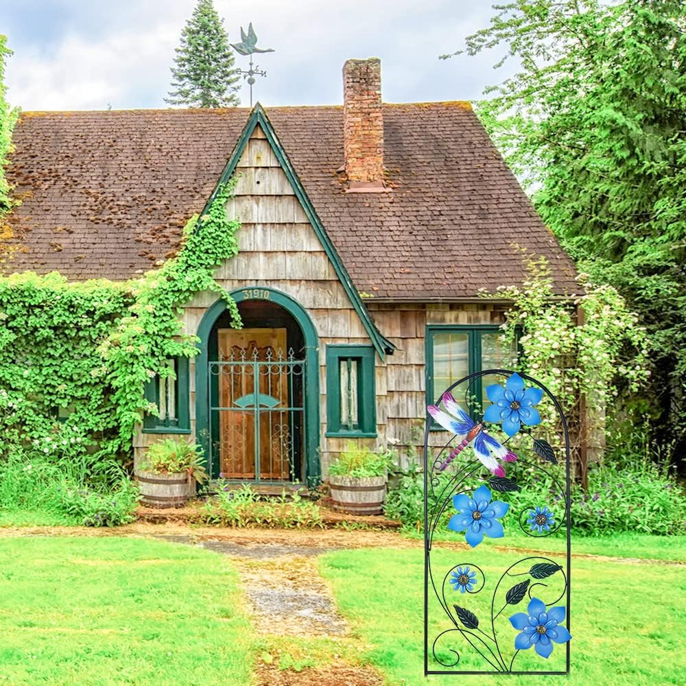 Garden Decor for Outside, YEAHOME 34 Inch Decorative Garden Stakes with Flowers Dragonflies, Metal Spring Yard Decorations for Outdoor Patio Lawn Backyard Blue
