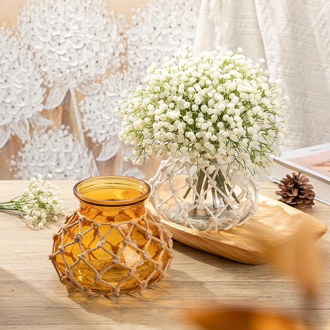 Hollyone Clear Glass Vase with Cotton Rope Cover Woven Round Glass Vase Decorative Flower Bottle Modern Vase for Table Centerpiece Farmhouse Wedding Home Decor