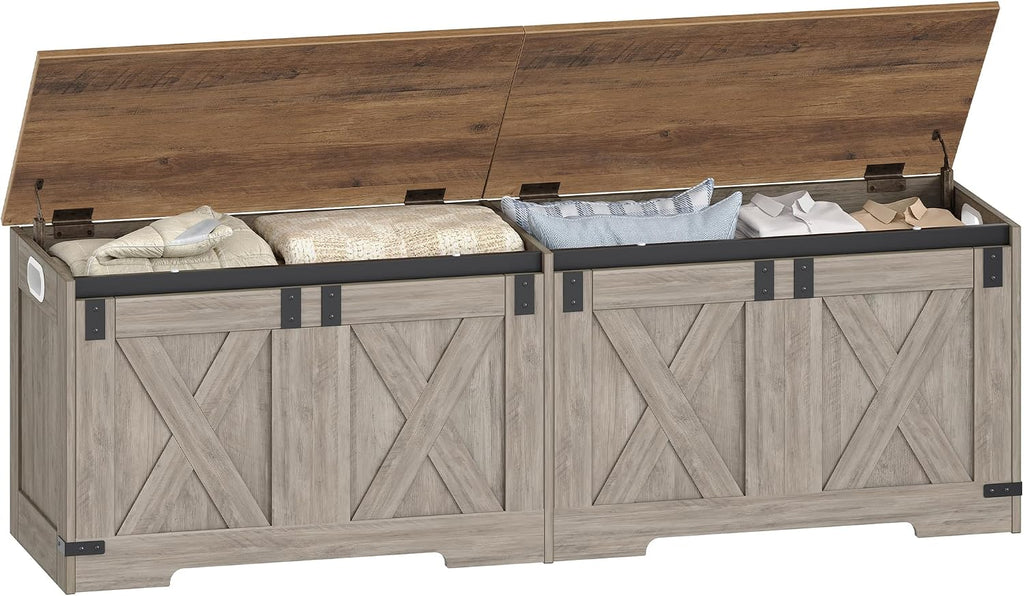 Hzuaneri 59" Farmhouse Storage Chest and Bench | 70 Gal | 330lb Seat | Soft-Close Hinges | Greige Wooden | Shoe and Blanket Storage for Bedroom, Living Room, Entryway | Easy Assembly | SB15005X