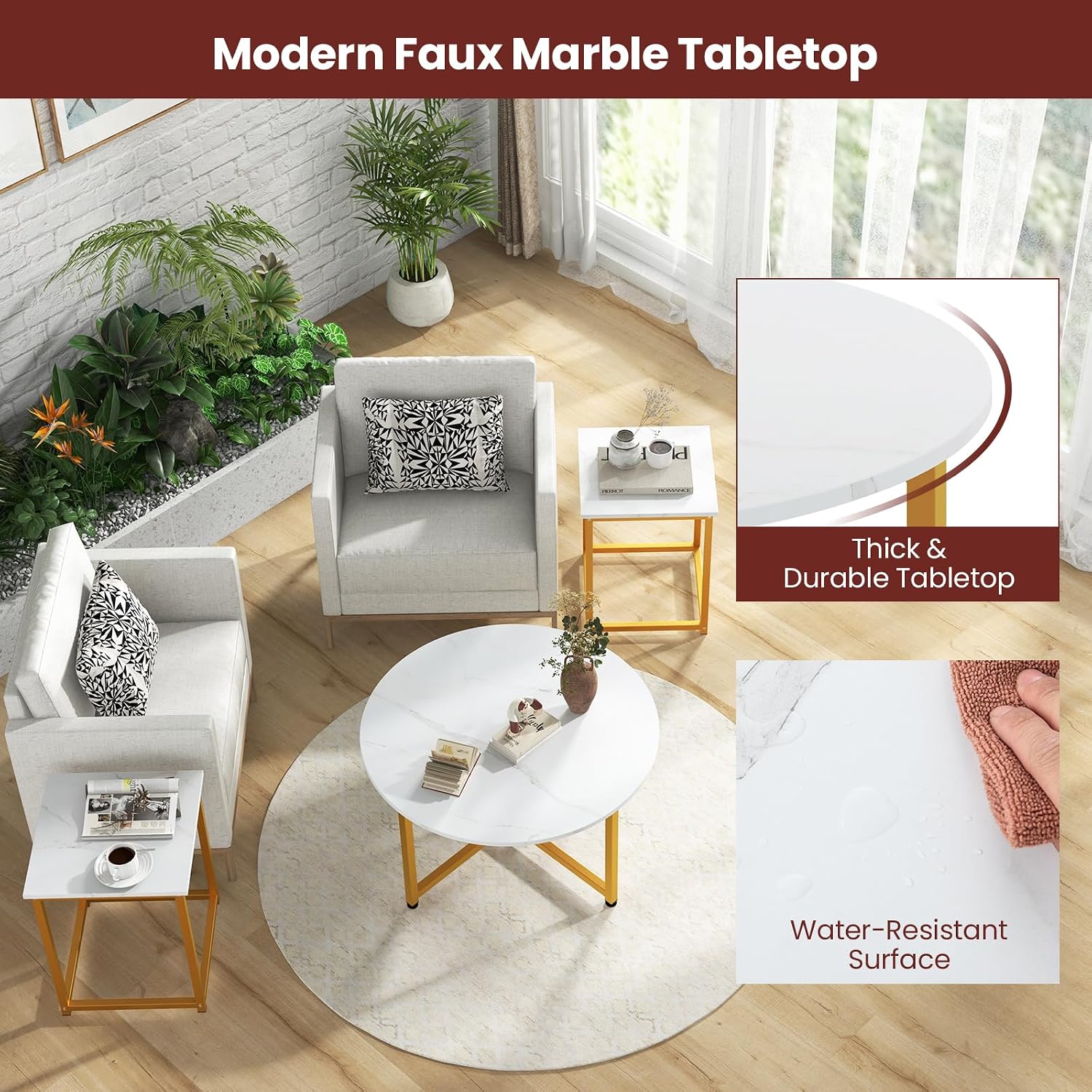 GIANTEX Round Nesting Table Set of 3, Wood Living Room Table Set, White | Modern Faux Marble Coffee Table w/2 End Tables, Sturdy Metal Frame, 3-Piece Coffee Table for Living Room