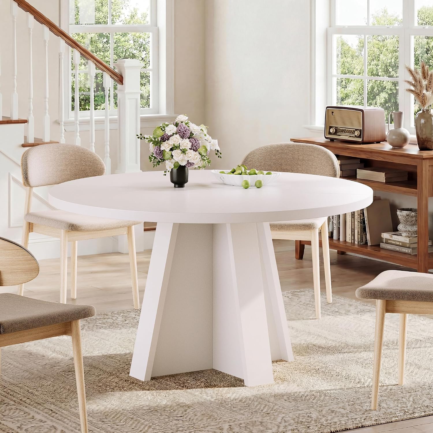 iPormis 47-Inch Round Dining Table for 4-6 People, Modern Wooden Kitchen Table for Dining Room, Farmhouse Circle Dinner Tables Furniture for Kitchen Living Room, White
