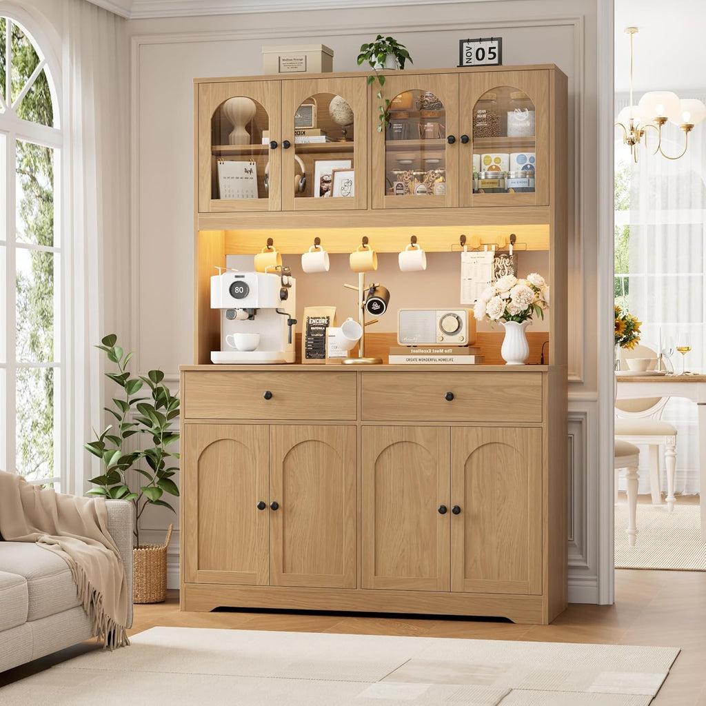 HIFIT 71" LED Kitchen Pantry Cabinet with Power Outlet, Large Kitchen Hutch Storage Cabinet with Arched Door & Shelves & 2 Drawers, Tall Modern Coffee Bar w/Hutch for Home Dining Living Room, Natural