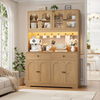 HIFIT 71" LED Kitchen Pantry Cabinet with Power Outlet, Large Kitchen Hutch Storage Cabinet with Arched Door & Shelves & 2 Drawers, Tall Modern Coffee Bar w/Hutch for Home Dining Living Room, Natural