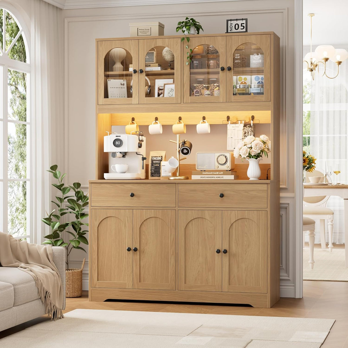 HIFIT 71" LED Kitchen Pantry Cabinet with Power Outlet, Large Kitchen Hutch Storage Cabinet with Arched Door & Shelves & 2 Drawers, Tall Modern Coffee Bar w/Hutch for Home Dining Living Room, Natural