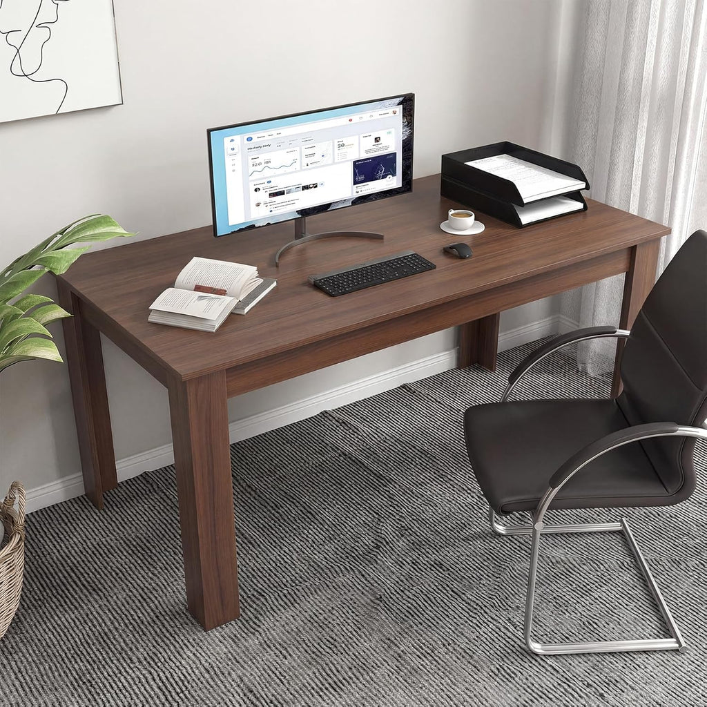 COSTWAY Dining Table for 4-6 People, 63” Rectangular Dining Room Table, Farmhouse Dinette Table with Large Computer Workstation, Modern Kitchen Table for Apartment, Living Room, Restaurant (Walnut)