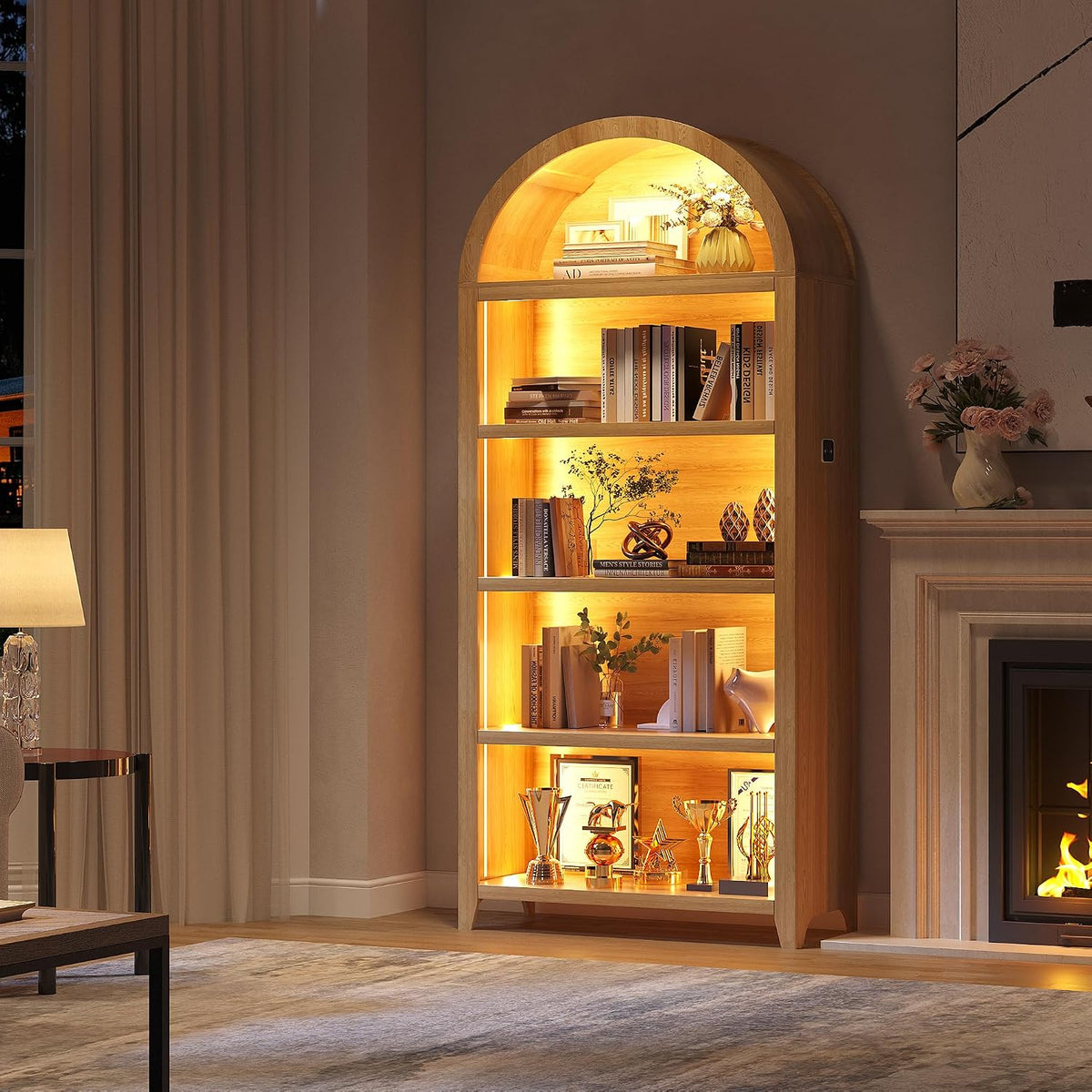 Arched Bookshelf with 5 Tiers and 3-Color LED Sensor Lights - Wood