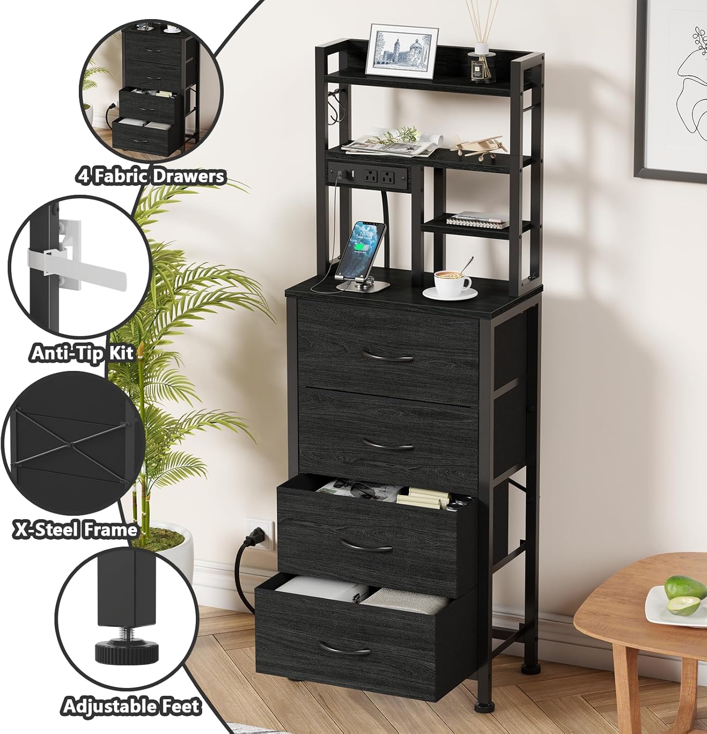 Furnulem Tall Nightstand, LED Night Stand with Charging Station | USB Ports, 4 Fabric Drawers and 4 Tier Storage Shelf, Nightstands Bedside Tables for Bedroom, Dorm, Office (Black Oak)
