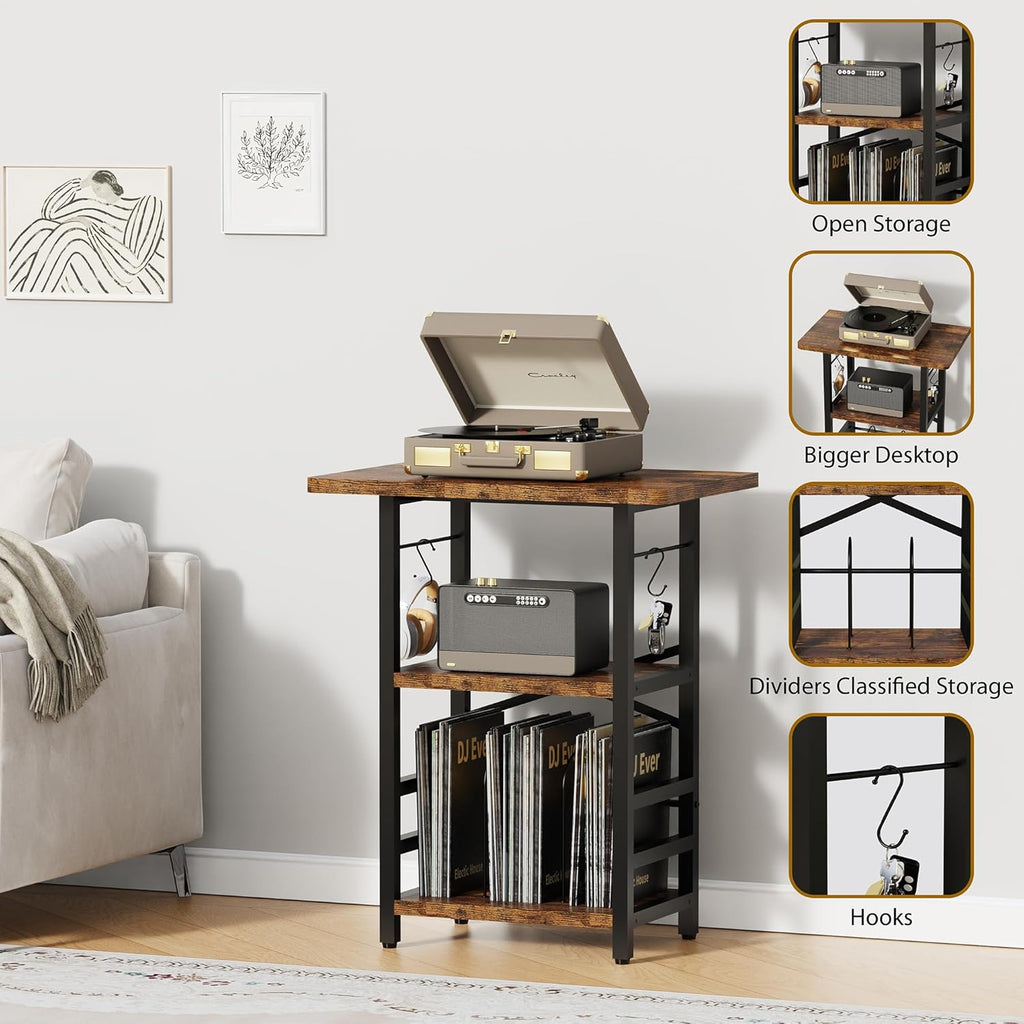 YAKANJ Record Player Stand with Extended Desktop,Large Record Player Table with Vinyl Storage,Tall Turntable Stand with Record Holder Vinyls Display Shelf for Music Room Studio, Rustic Brown