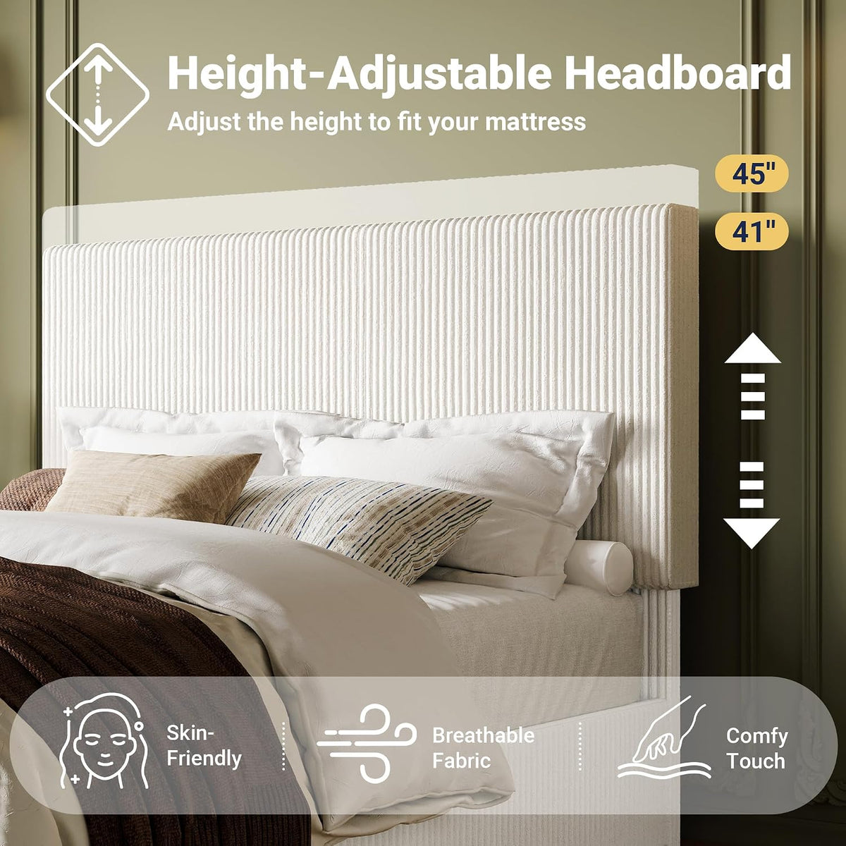 Allewie Queen Bed Frame, Adjustable Corduroy Headboard, Platform, White