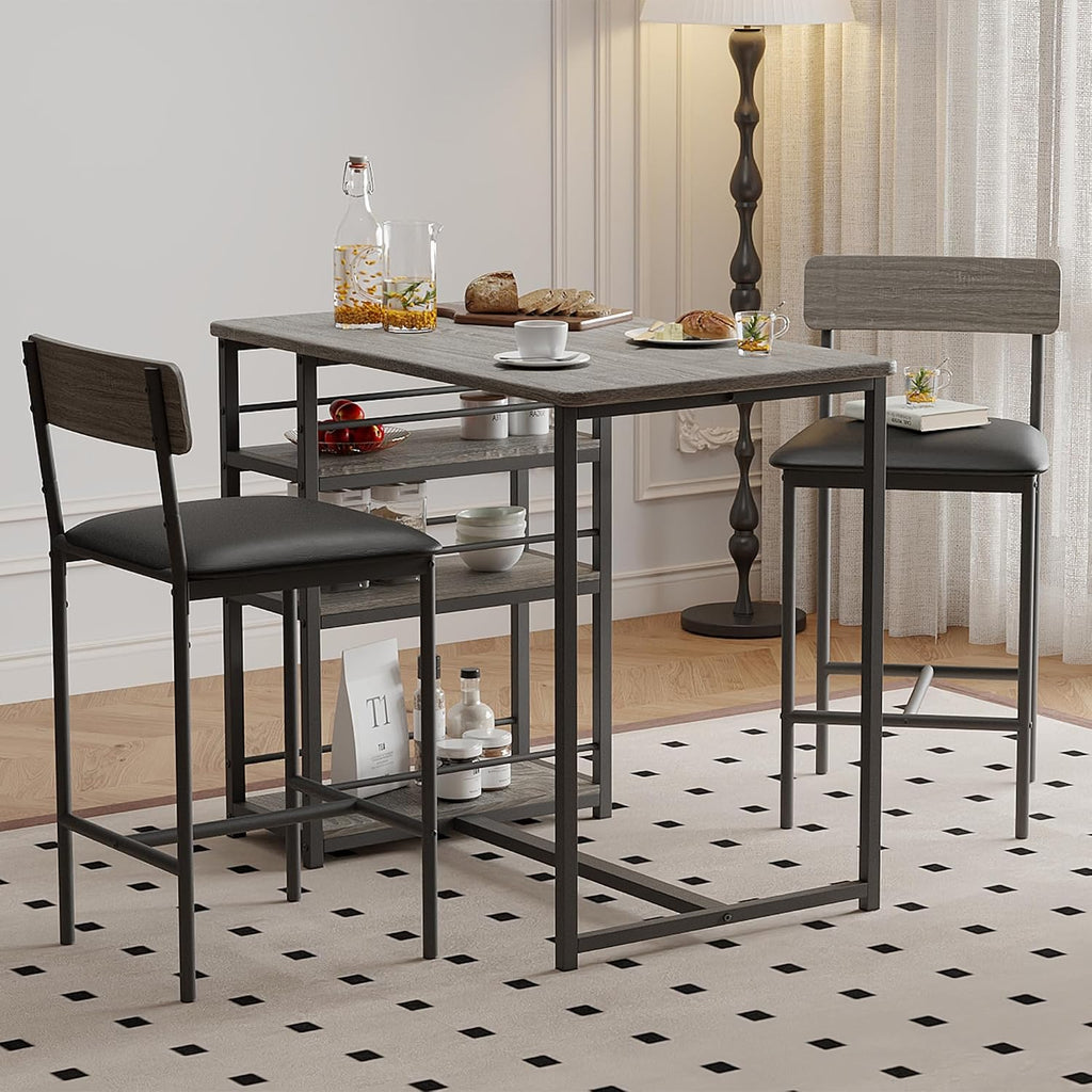 3-Piece Small Bar Table and Chairs Set for 2,Small Dining Table with 2 PU Cushioned Stools,3 Storage Shelves, Space Saving Kitchen Table Set for Breakfast Nook, Apartment, Bistro,Black.