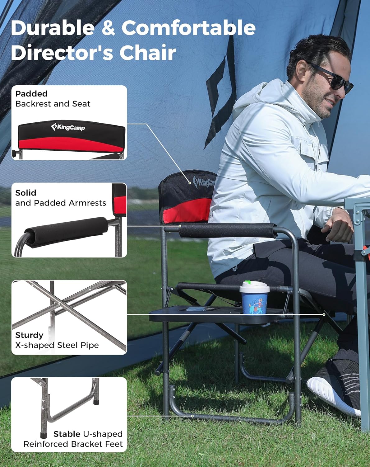 KingCamp Director Chair – Heavy Duty 400lb Capacity Camping Chair with Side Table Storage Pocket, Foldable for Big & Tall Adults, Padded Seat & Armrests, for Tailgating Sports Backyard Fishing, Red