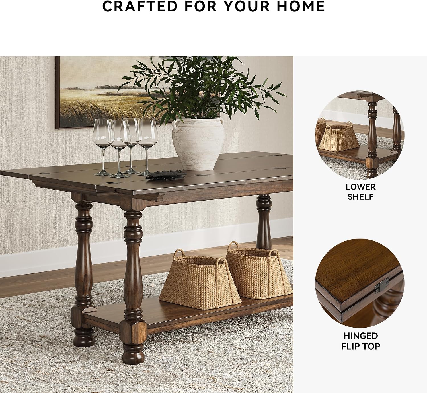 Signature Design by Ashley Sturlayne Flip Top Sofa Table, Expandable Console to Dining Table, Drop Leaf Design with Hardwood Solids, Space-Saving Multi-Use Furniture for Living Room, Brown