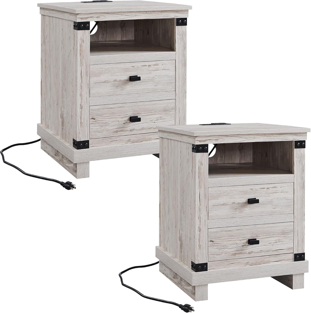 RedLemon Farmhouse Nightstand Set of 2 with Charging Station, 18" Rustic Night Stand with 2 Storage Drawers, Wood End Table for Bedroom, Living Room, Antique Brush White