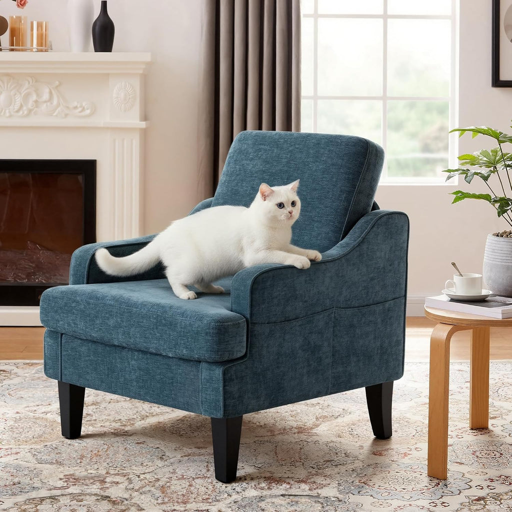 Accent Chair for Living Room,Mid-Century Arm Chair Fabric Living Room Chairs,Upholstered Reading Chair for Bedroom,Single Sofa Chair with Wood Legs for Apartment (1, Chenille Blue)