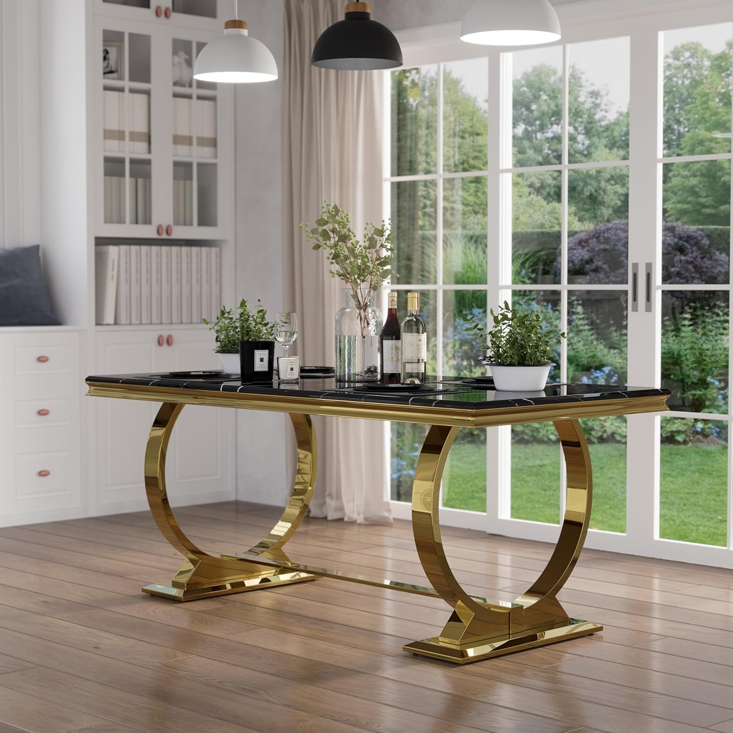 7 Piece Dining Room Table Set for 6, Kitchen and Dining Room Table Set with 70" Gold Rectangular Dining Table and 6 White Velvet Upholstered Dining Chairs