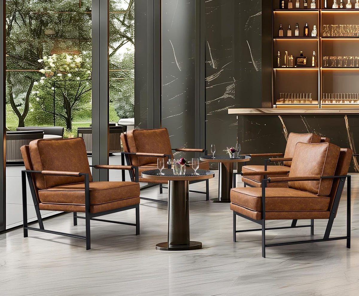 Yaheetech Mid-Century Modern Accent Chairs Set of 2, Light Brown | Oversized Faux Leather Chair with Soft Cushion, Ergonomic 105° Back, Reading Chair for Living Room, Bedroom and Waiting Room