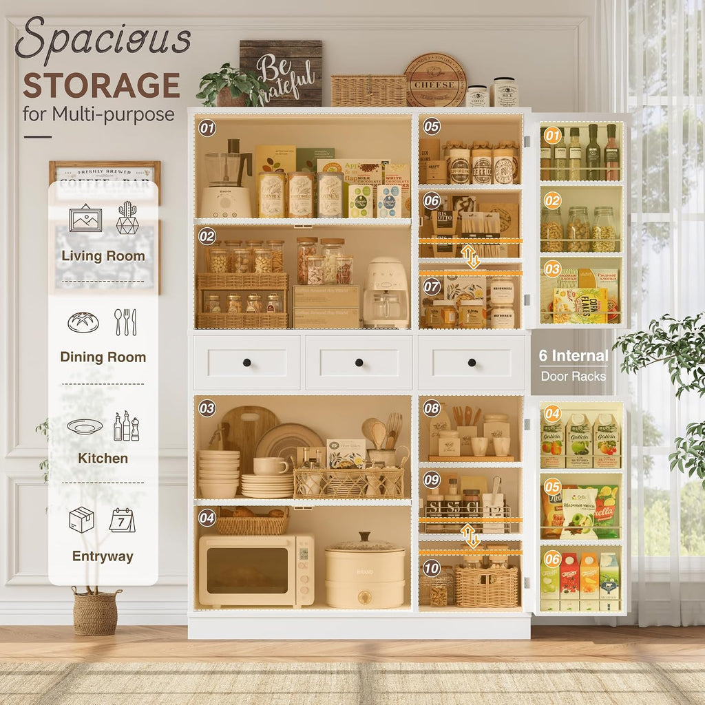 HITHOS 71" Tall Kitchen Pantry Storage Cabinet w/Drawers & Shelves, White | 47"W Kitchen Pantry Cabinet with Swing Out Doors, Large Wood Storage Cabinet, Modern Deep Food Pantry, Living Room
