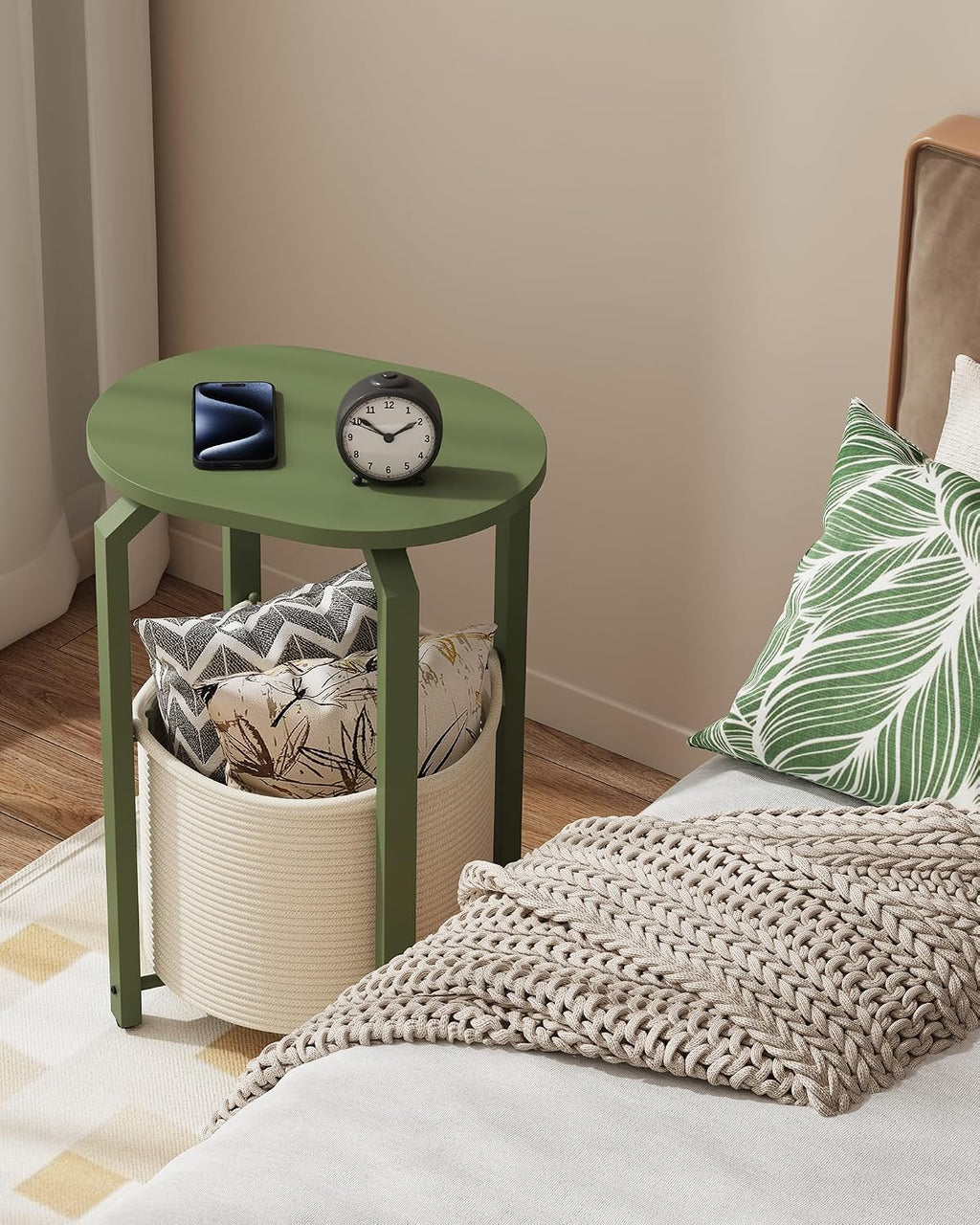 TUTOTAK Oval End Table with Woven Storage Basket, Olive Green Small Side Table for Living Room, Bedroom, TB01BOG093