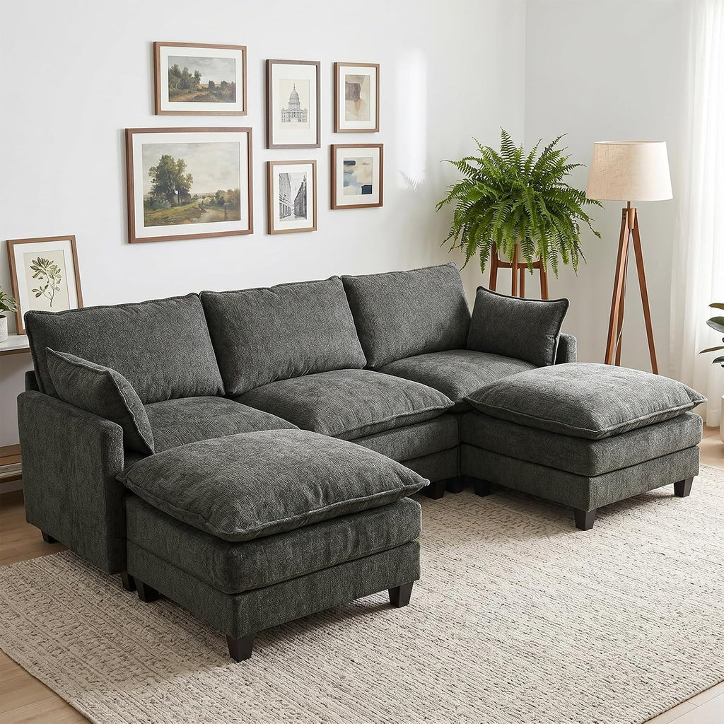 Modular Sectional Sofa, 95" U Shaped Couch, Couches for Living Room | Movable Ottomans, High Resilience Foam, 22" Seat Depth, 2 Layer Cushions, Armrest Pillows, Easy Assembly, Chenille, Dark Gray