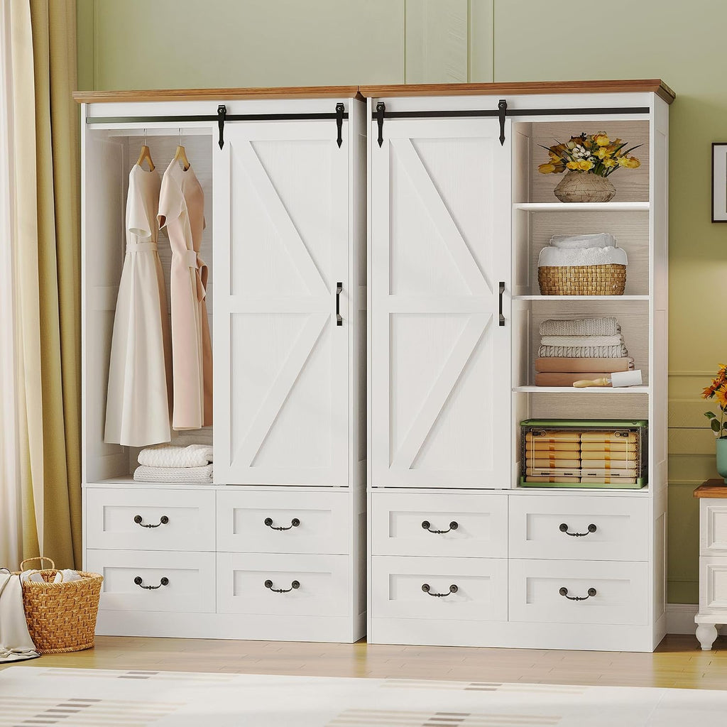 IRONCK Armoire Wardrobe Closet with 4 Drawers, Sliding Barn Doors, White