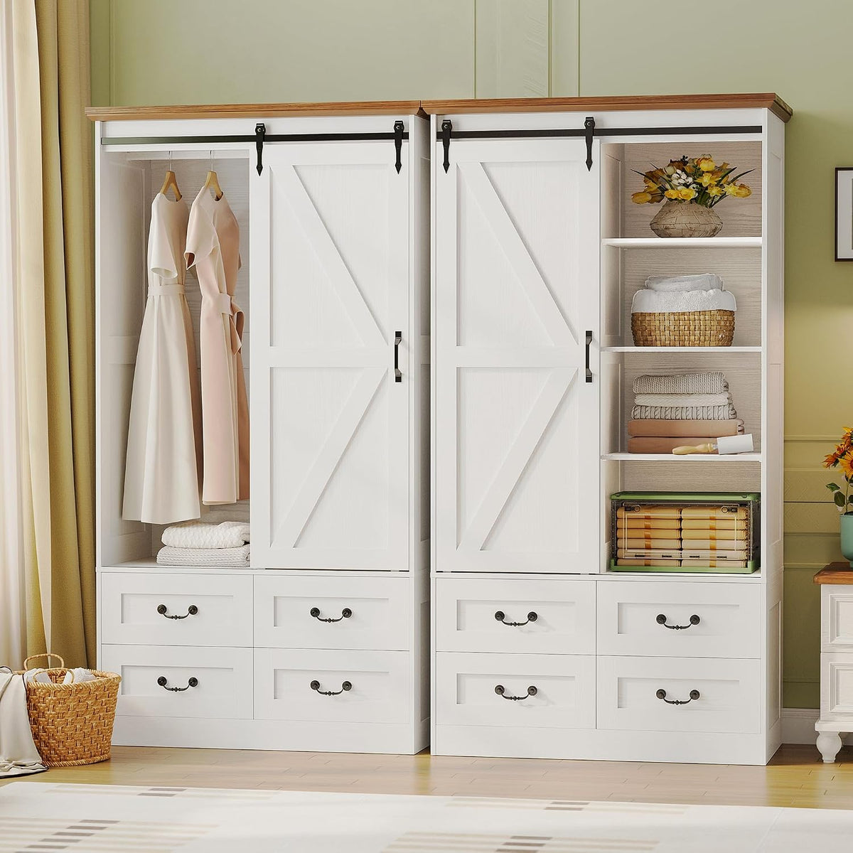 IRONCK Armoire Wardrobe Closet with 4 Drawers, Sliding Barn Doors, White