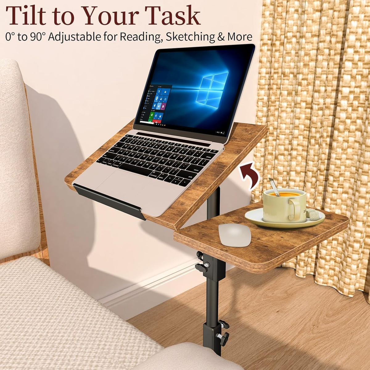 End Table Adjustable Height, 22.8"L Side Table Tv Tray with Wheels, 90° Tilting Panel Couch Table That Slides Under, Small End Table for Small Spaces, Overbed Bedside Desk Mobile Rolling Laptop Stand