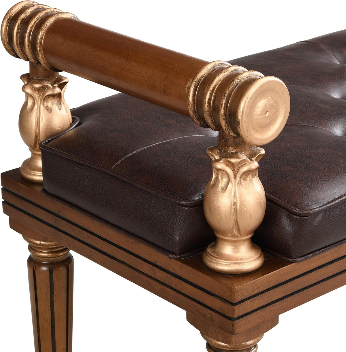 Christopher Knight Home Yae Luxurious PU Leather Upholstered End of Bed Ottoman, Wooden Living Room Ottoman Bench with Fluted Legs/Cylindrical Arm, Long Entryway Bench with Button Tufting, Brown