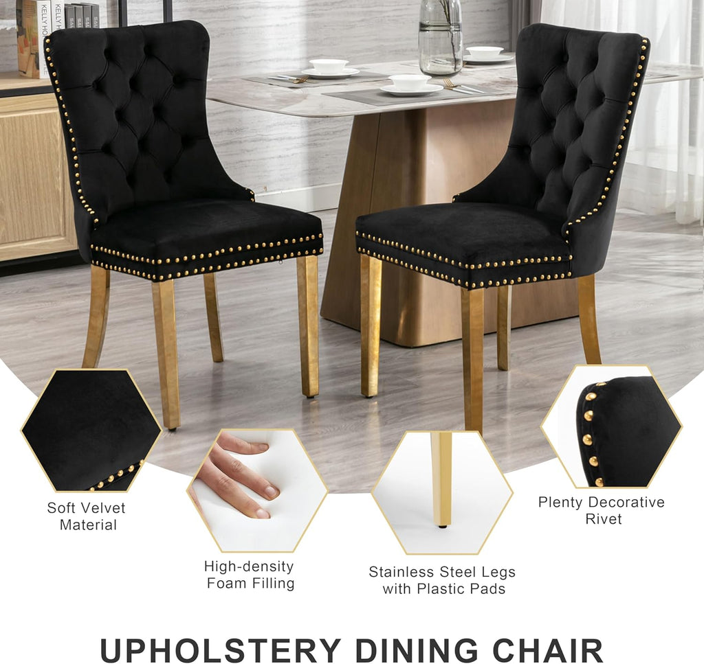 yeag 39'' Modern Round Dining Table Set for 4, Tempered Glass Top & Square Tube Crossed Metal Legs, with 4 Velvet Upholstered Tufted Chairs (Gold & Black)