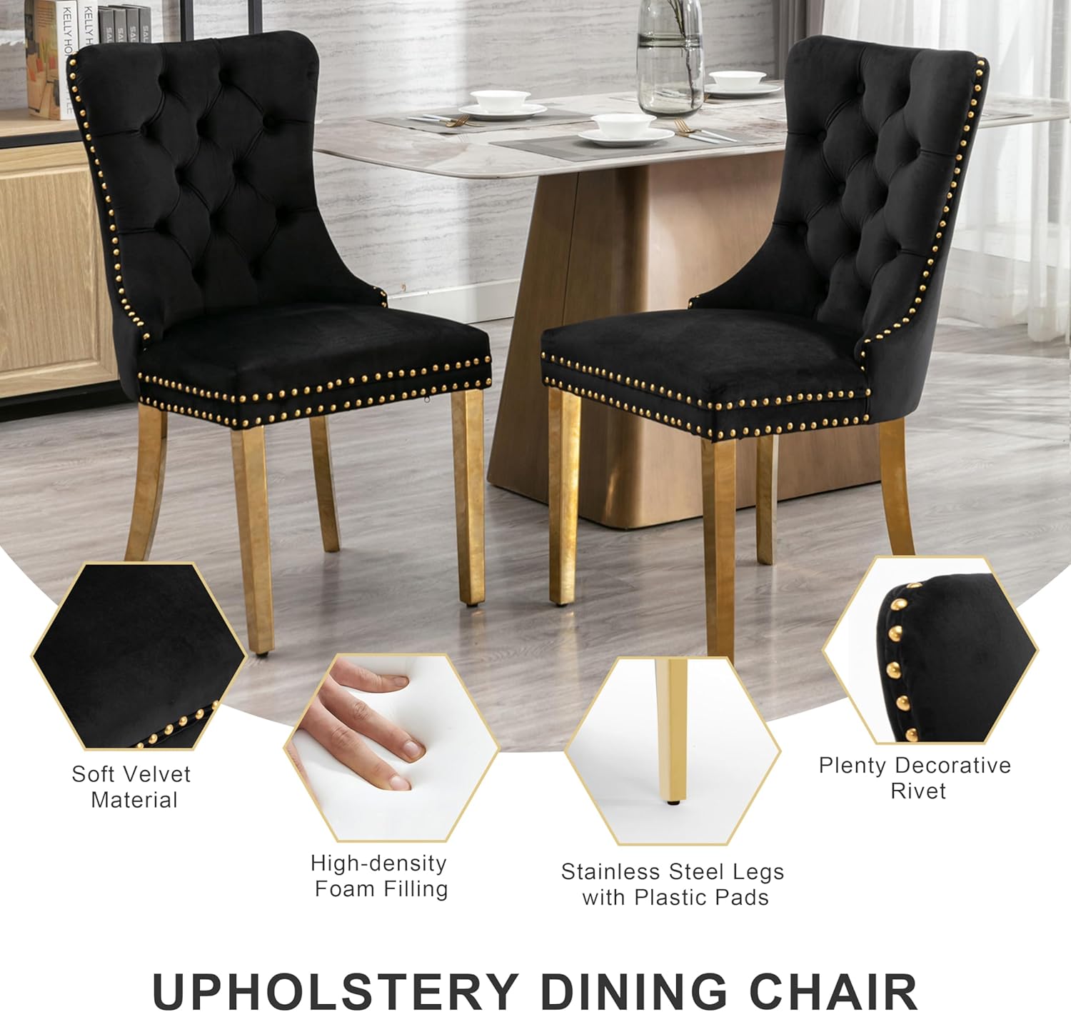 yeag 39'' Modern Round Dining Table Set for 4, Tempered Glass Top & Square Tube Crossed Metal Legs, with 4 Velvet Upholstered Tufted Chairs (Gold & Black)