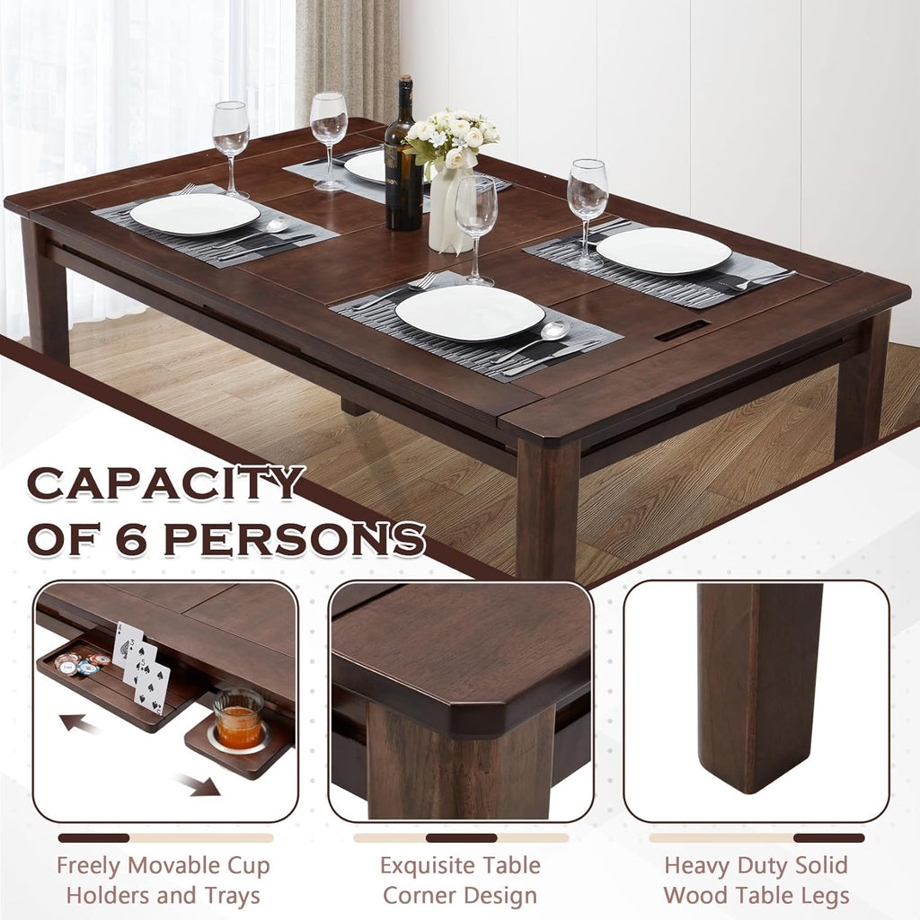 63"x39" Board Game Table with Removable Top Solid Wood Dining/Gaming Table | Gaming Table for 4-6 Players with Play Mat, 6 Detachable Cup Holders & 6 Hobby Trays (Black Walnut)