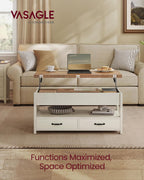 VASAGLE Coffee Table Lift Top, 3 in 1 Center Table with Storage, Gas Spring, 2 Drawers and 3 Hidden Compartments, Open Shelf, for Living Room, Home Office, Honey Brown and Rustic White ULCT254W01