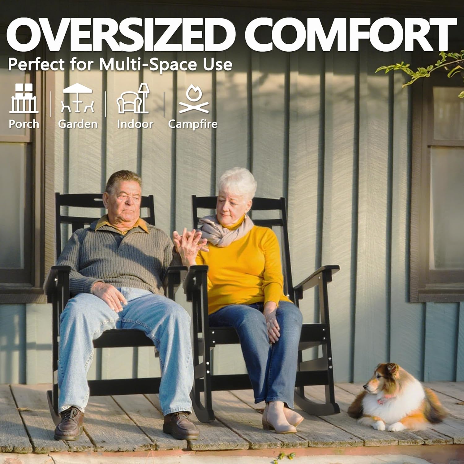 Outdoor Rocking Chair Oversized of 2 & Side Table Set, HDPE All Weather Resistant Patio Rocker, 31.5" High Back 21.5" Deep Seat Porch Chairs Set for Lawn Garden Deck Balcony 400lbs Capacity(Black)