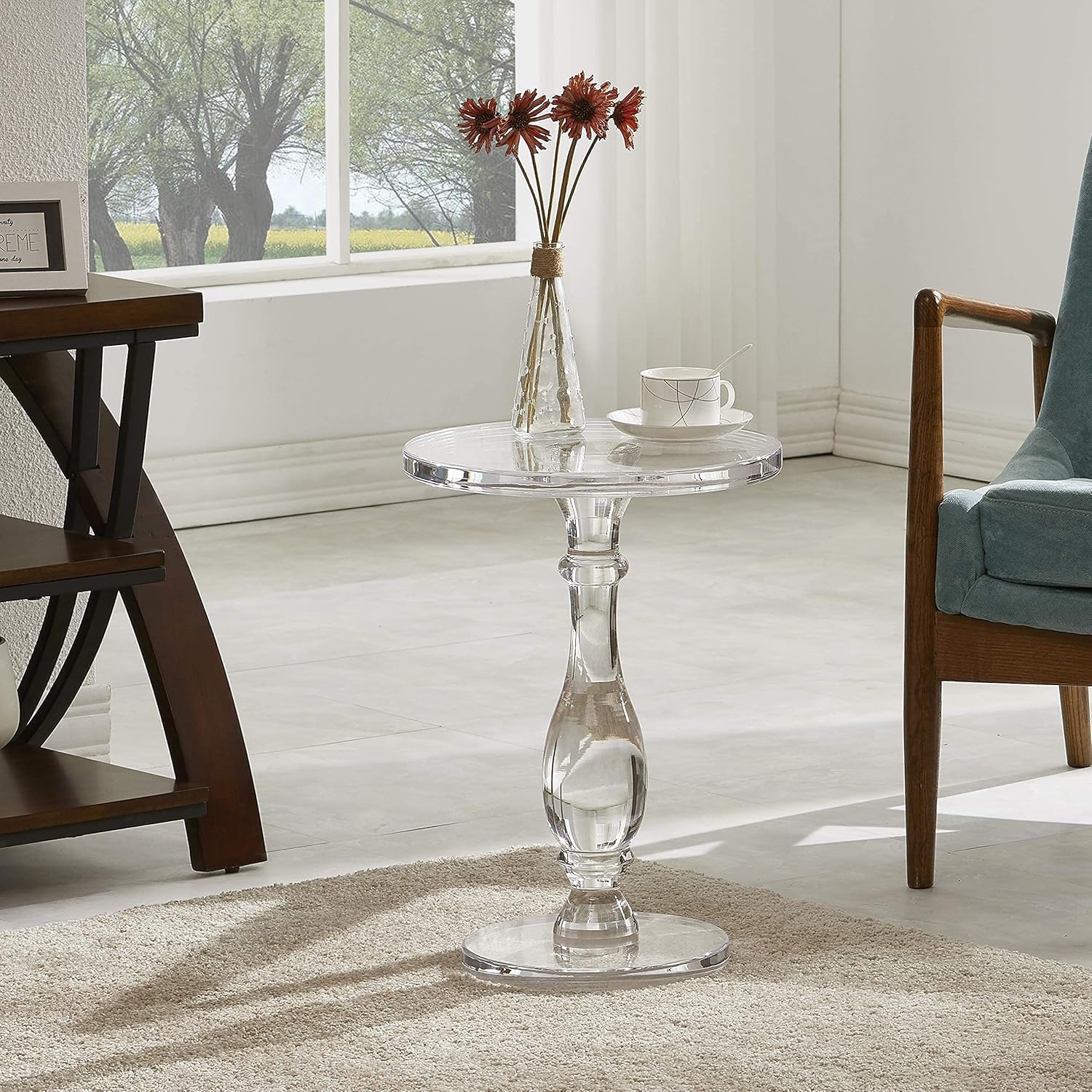 Furniture Acrylic Side Table,Clear Small Round Side/End Tables with Support Rod for Use in Living Rooms,Bedrooms,Offices,Study Rooms,Waiting Areas（13.8in*19.7in