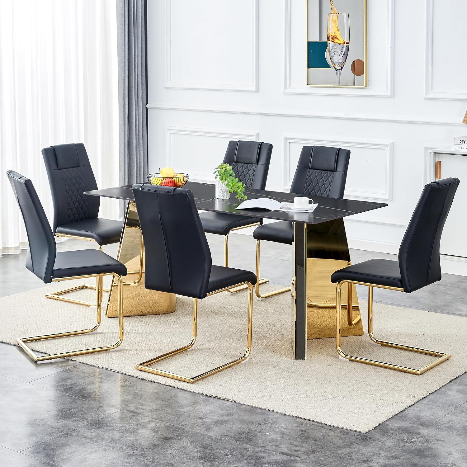 TesNus 7 Pieces Dining Table Set,63" Marble Kitchen Room Table with 6 Black Chairs,Rectangle Sintered Stone Top with Gold Legs,Large Dining Set for 6 Person for Kitchen Dining Room
