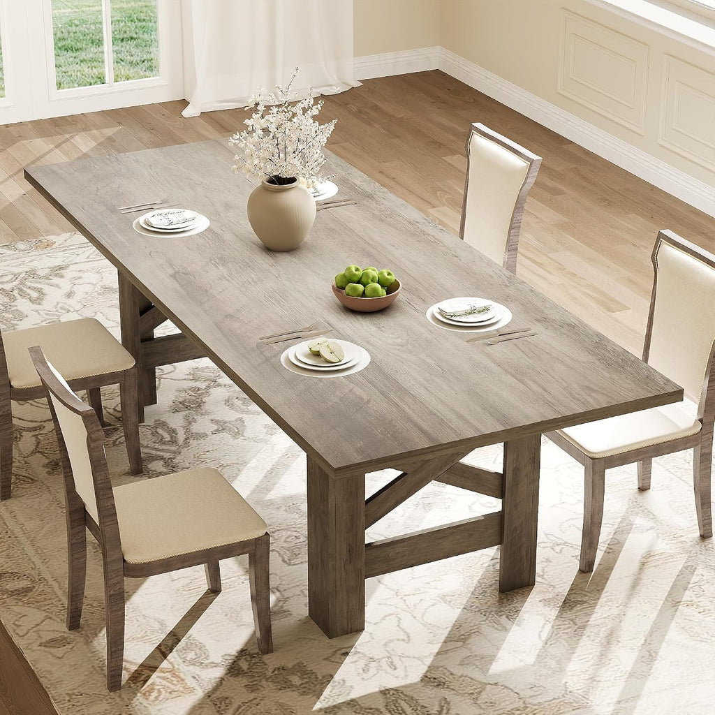 Takywep 71" Large Dining Table for 6-8, Farmhouse Wooden Kitchen Table with Sturdy Triangular Legs, Thick Rectangle Tabletop, Heavy-Duty Base for Dining Room, Apartment, Kitchen, Rustic Gray